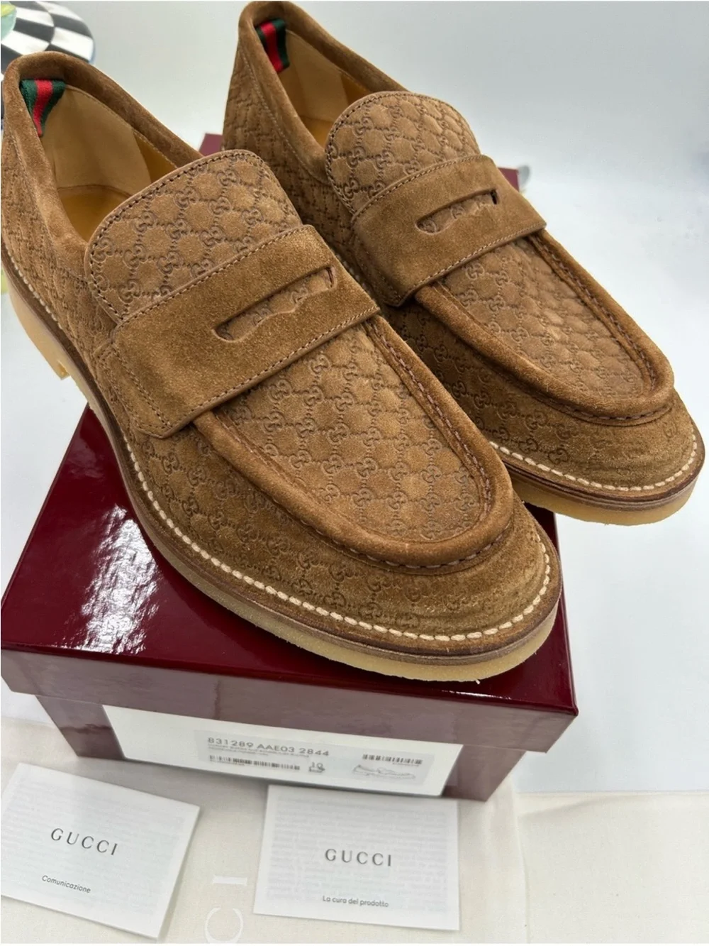 Men’s Gucci suede GG monogram web loafer size 10 fits 10.5 US made in Italy
